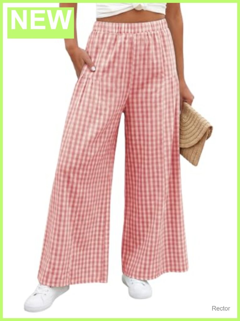 Wide Leg Palazzo Pants High Waist Elastic Pull On Plaid Gingham Casual